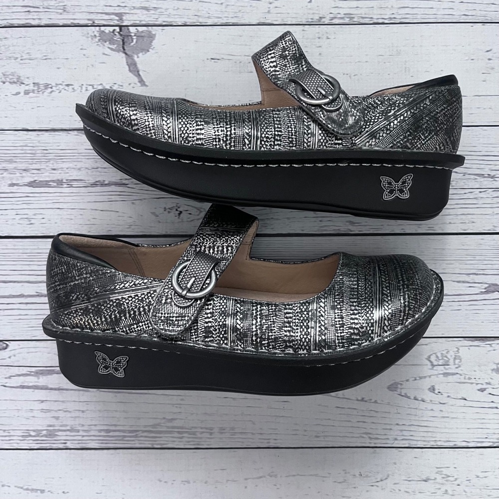 Alegria‎ Mary Jane Leather Shoes Silver Black Professional Comfort EU37 US7/7.5